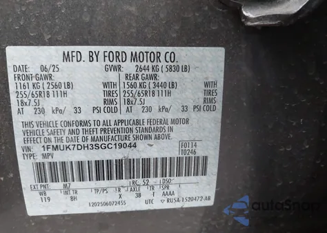 2025 Ford Explorer Active z USA, uszkodzony, nr VIN 1FMUK7DH3SGC19044